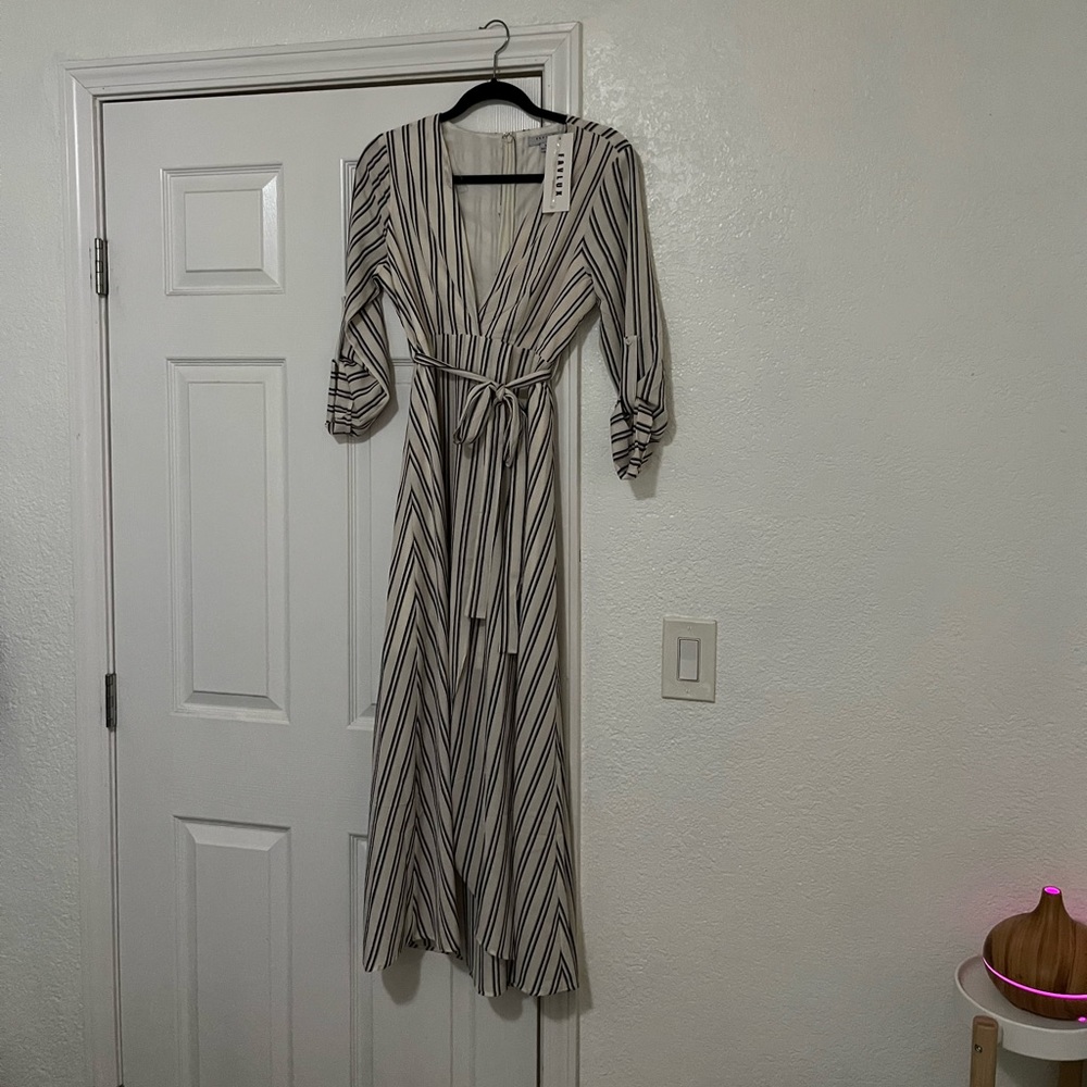 cream stripped faux wrap dress